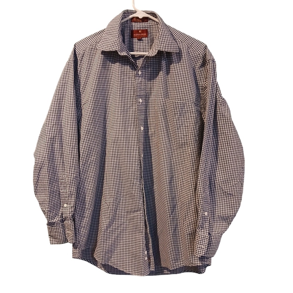 Nordstrom Relaxed Classic Mens 15.5 32 Gingham Cotton Shirt Navy Blue